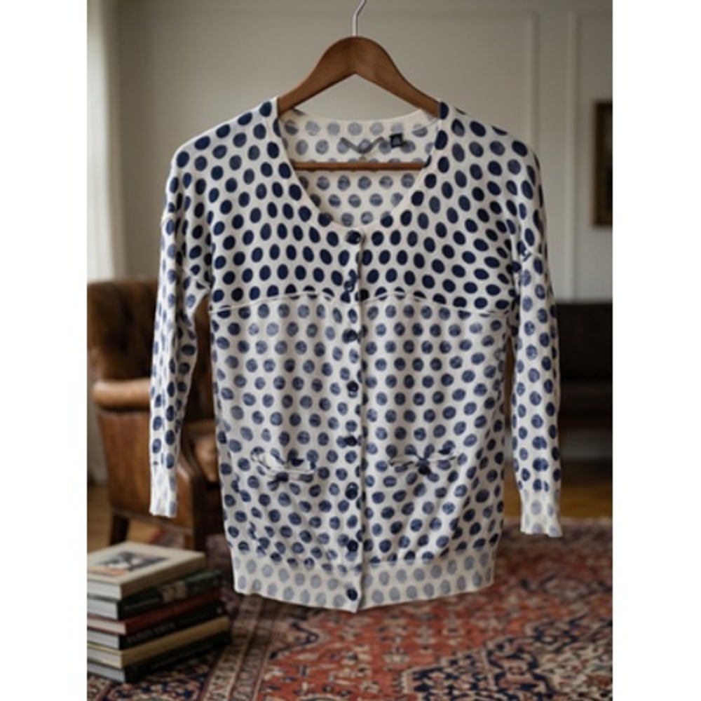 Knitted & Knotted Cardigan S Blue White Polka Dot Long Sleeve Cotton Sweater